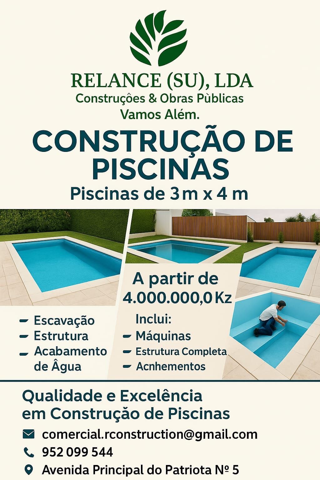 Advertisement for Relance SU LDA offering swimming pool construction services with contact information and sample images.