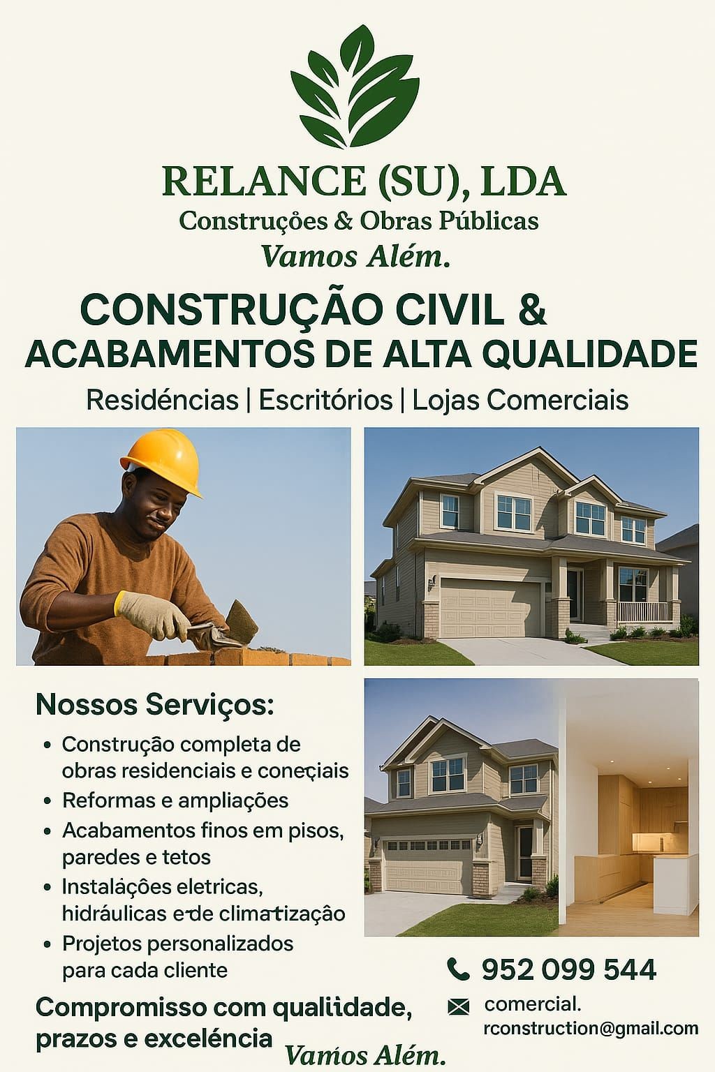 Construction company advertisement with services listed and images of a worker, house, and interior design.