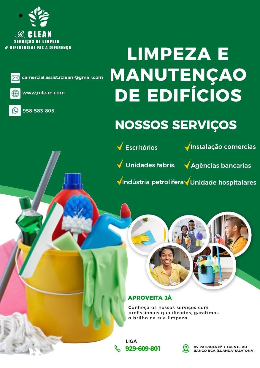 Advertisement for cleaning and maintenance services with images of cleaning tools and staff.